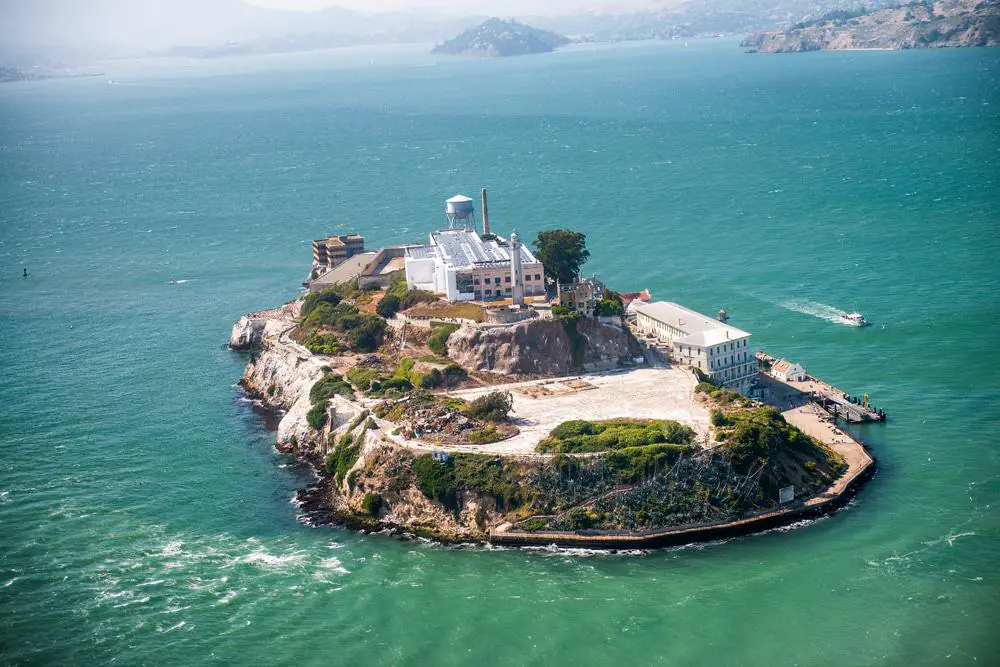 Aerial helicopter view of Alcatraz Island